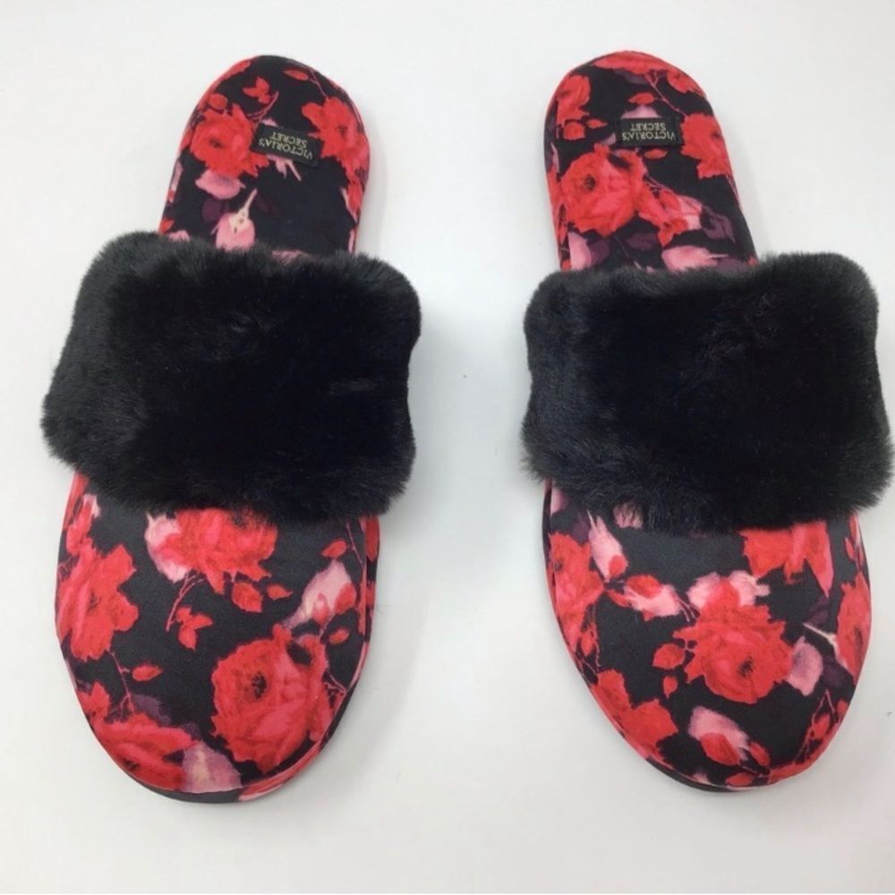 VICTORIA’S Secret Signature Satin Rose Slippers With Faux Fur Size Small - Picture 5 of 9